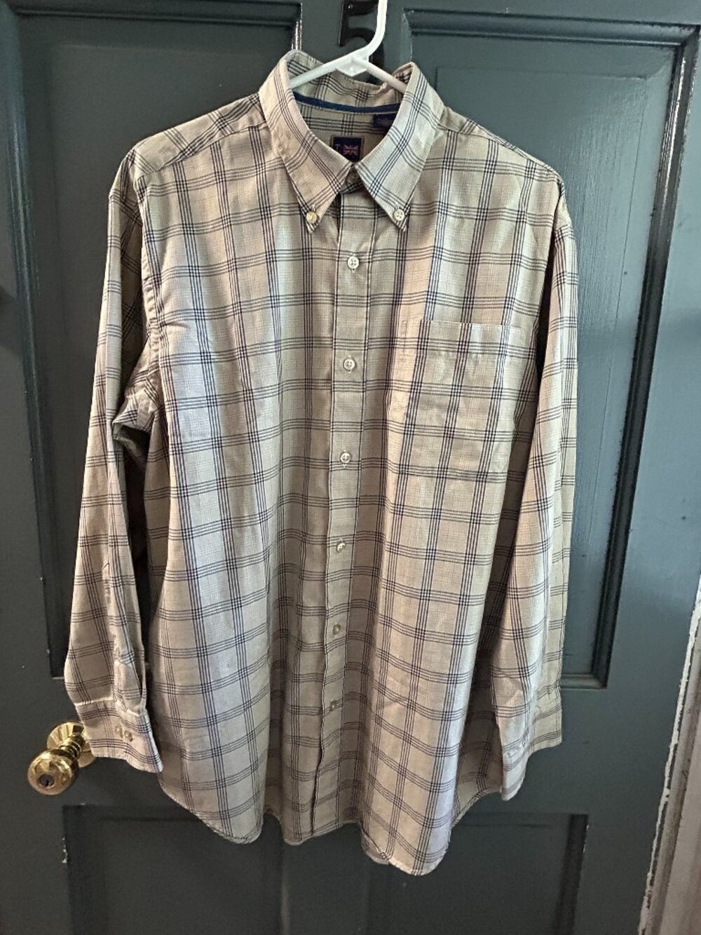 T. Harris London Men's Plaid Button Down Shirt Size Large Tan Blue Black